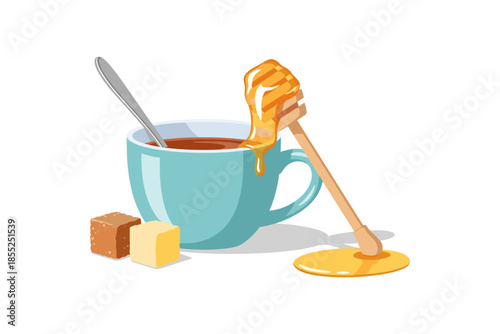 Honey dipper and cup of tea with sugar cubes on a white background