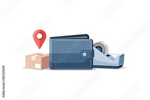 Delivery and payment concept with wallet, tape dispenser, box, and location pin