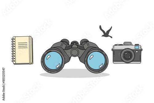 Birdwatching essentials: binoculars, camera, notebook, and bird silhouette in minimalist style