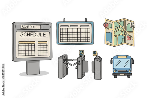 Public transportation icons set featuring schedules and maps