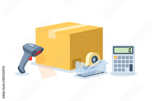 Packing and shipping essentials: box, scanner, tape dispenser, and calculator on white background