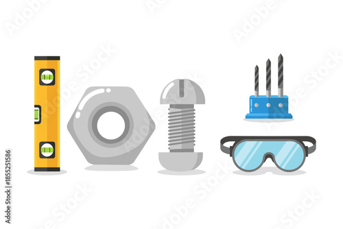 Essential workshop tools: level, nut, bolt, drill bits, and safety glasses in modern design