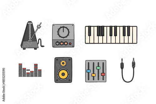 Colorful music equipment icons: metronome, eq, synth keyboard, speaker, mixer, cable