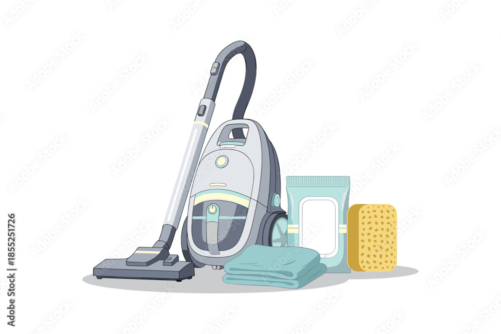 Fototapeta premium Modern vacuum and cleaning supplies in pastel tones for home maintenance