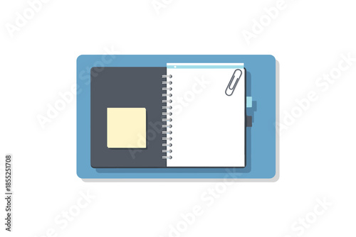 Minimalist flat design notebook with paper clip and sticky note on desk