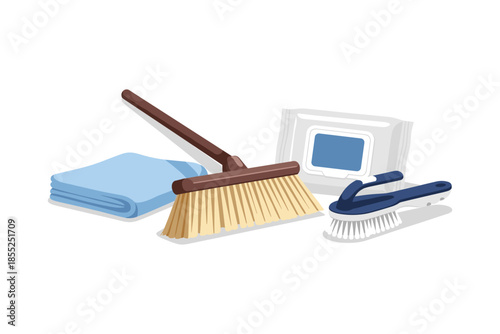 Cleaning tools: broom, cloth, brush, and wipes in minimalist style