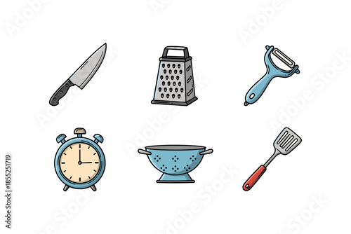 Colorful kitchen utensils set: knife, grater, peeler, timer, colander, spatula