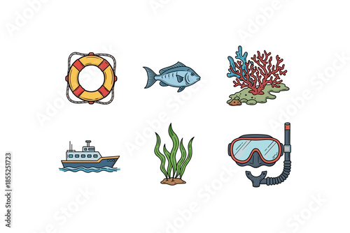 Colorful marine life icons set: fish, coral, seaweed, and dive gear in hand drawn style