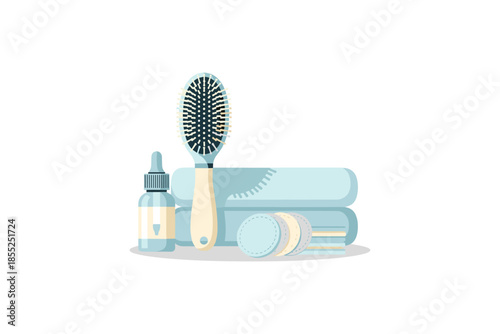 Flat design hair care products with brush and towel on white background