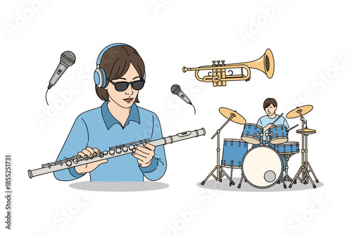 Musical ensemble: flute and drums with microphones and trumpet in contemporary style