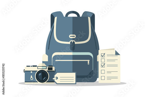 Travel backpack with camera and checklist for adventure enthusiasts