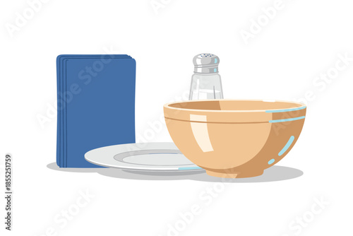 Modern flat tableware arrangement with bowl, plate, napkin, and salt shaker on white background