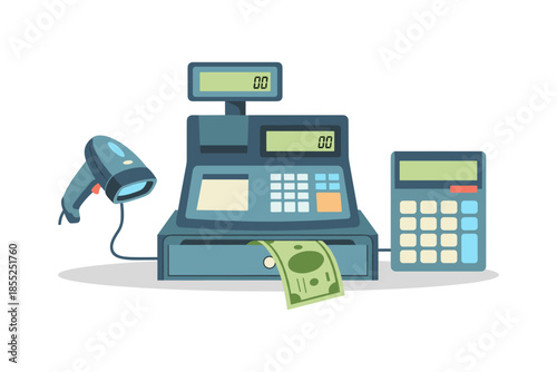 Cash register setup with barcode scanner and calculator for retail environments