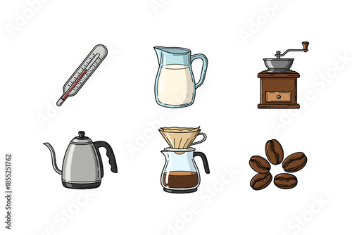 Coffee brewing essentials with vintage tools and ingredients in colorful style
