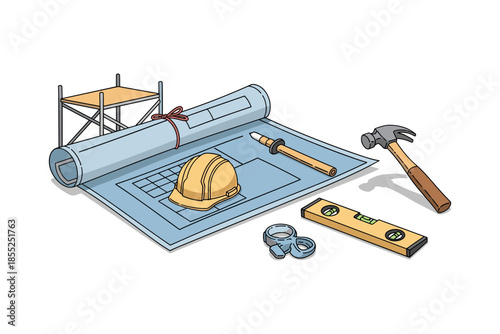 Construction tools and blueprint illustration with helmet and scaffolding