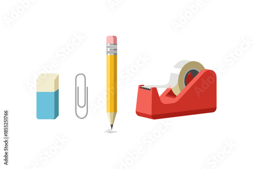 Office essentials: eraser, paperclip, pencil, tape dispenser in flat design