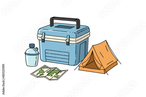 Camping essentials: cooler box, tent, water bottle, and maps in hand drawn style