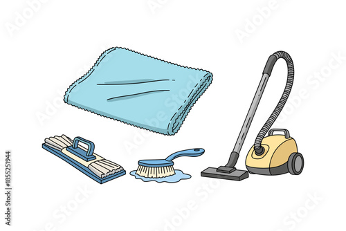 Cleaning tools set: vacuum cleaner, scrub brush, cloth, mop for home maintenance