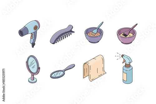 Essential hair styling tools and accessories in hand-drawn pastel style