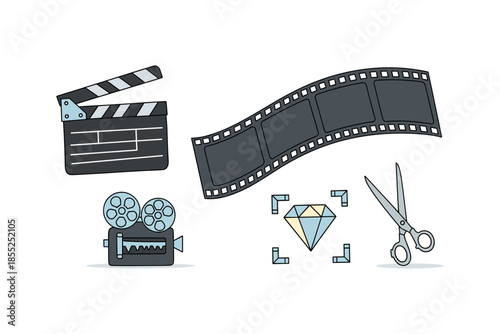 Cinematic icon set: modern flat design with clapperboard, film reel, and editing tools