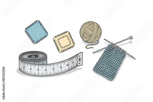 Knitting essentials: tape, needles, yarn, and swatches in hand-drawn style