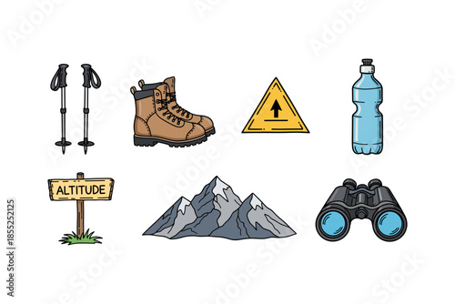 Essential elements for outdoor adventure: hiking gear and mountain exploration