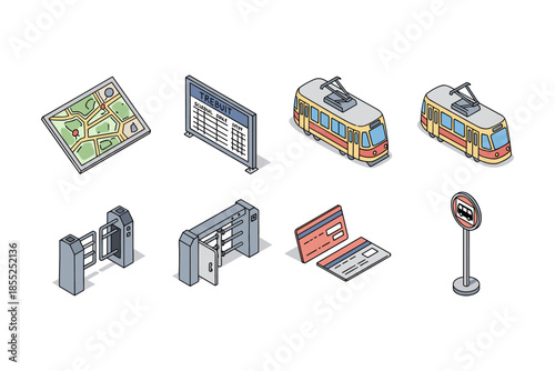 Urban transportation isometric elements including map, tram, turnstile, and ticket