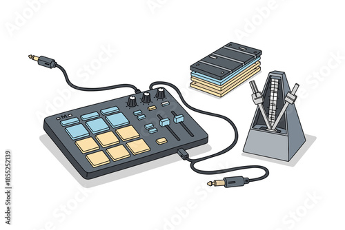 Modern music creation equipment: drum pad, cassette tapes, and metronome in isometric style