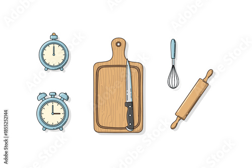 Kitchen tools set with timer, cutting board, knife, whisk, and rolling pin