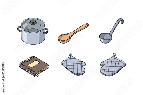 Flat kitchen essentials: pot, utensils, notebook, oven mitts for culinary art
