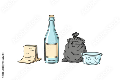 Recycling materials collection: glass, paper, plastic bag, container in line art style