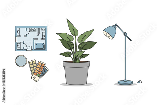 Modern interior design elements: floor plan, house plant, paint swatches, lamp
