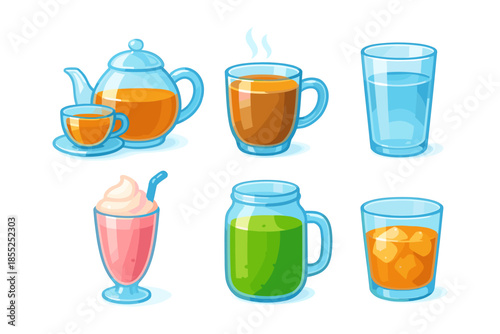 Colorful beverage set with tea, coffee, juice, and smoothie icons in cartoon style