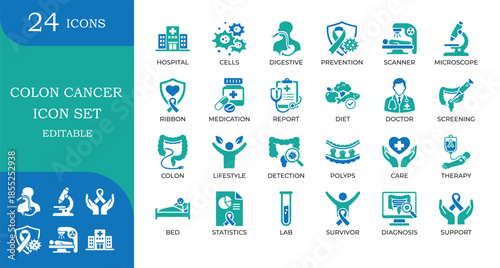 Colon Cancer Awareness Icons. Featuring medical screening, oncology, digestive health, and prevention symbols. Editable vector for healthcare apps and clinical marketing.