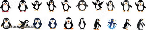Cute Penguin Animal and Arctic Wildlife Editable Stroke Line Icon Set Vector Illustration