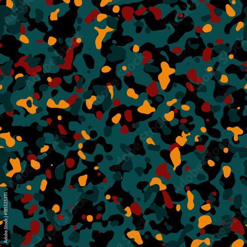 Abstract organic camouflage pattern with bold colorful shapes.