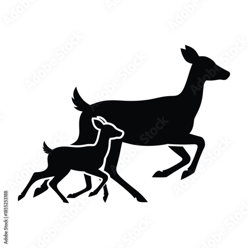 Silhouette of a deer and its fawn running together in motion