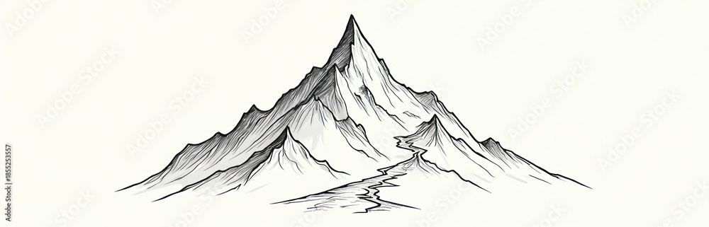 Fototapeta premium Sketch style illustration of snow capped mountain range with winding trail leading to summit. Monochrome line art depicts scenic mountain landscape with peaks and valleys against plain background.