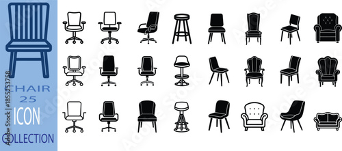 Office Chair Furniture and Ergonomic Workspace Line Icon Set Vector Illustration