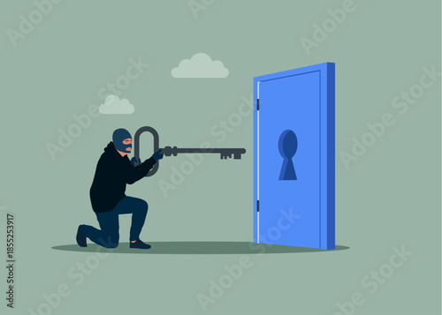 Theft of property. Key to criminal. Thief holding key open door. Robber breaking in house. Flat vector illustration