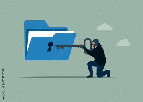 Steal expensive data transfer. Theft steal private data with key open huge folder with personal information. Robber with key and folder.  Vector illustration. 