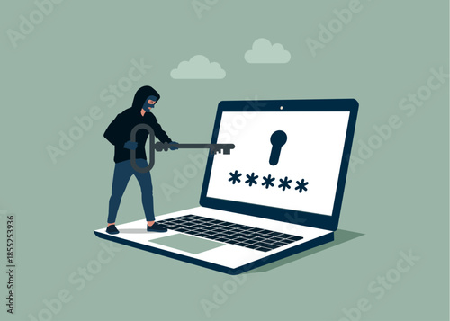 Login attempt in laptop. Robber with key. Flat vector illustration