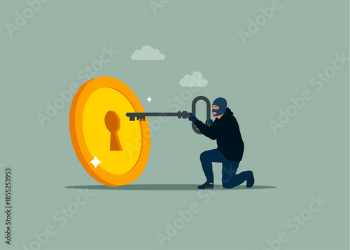 Robber holding golden key to unlock coin keyhole. Flat vector illustration