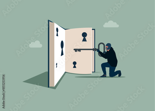Different ways of interpreting a book. Theft book. Robber with key. Flat vector illustration.