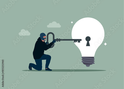 Theft product or creativity. Robber holding key about to insert into key hold on lightbulb idea lamp. Flat vector illustration