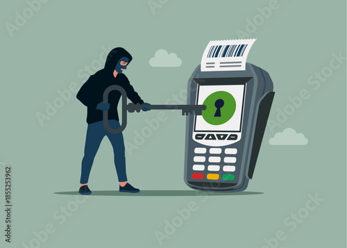 Theft. Terminal encryption. Robber with key and POS point of sale terminal for credit card payment. Flat vector illustration