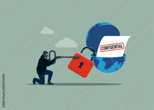 Locked with padlock globe. Robber with key open globe to see Confidential document. Flat vector illustration 