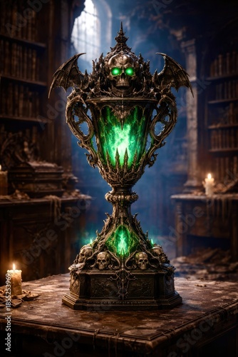 A green and black skull shaped vase with a green glow