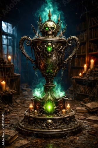 A green and black skull shaped vase with a green glow