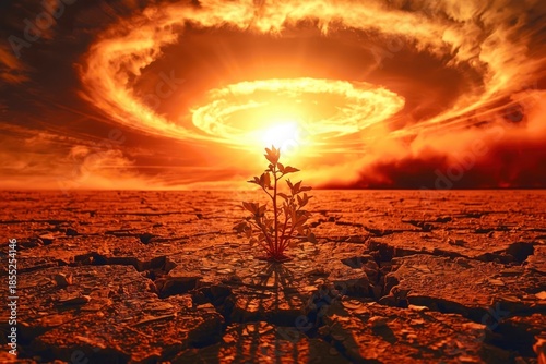 A small plant is growing in the middle of a desert